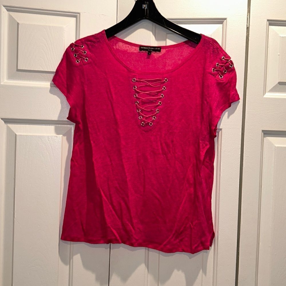 Generation Love Hot Pink Linen Lace Up Top, Size Medium